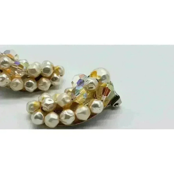 Vintage Clip Earrings Faux Baroque Pearl and AB Faceted Glass Bead Long Hugger - Picture 5 of 8